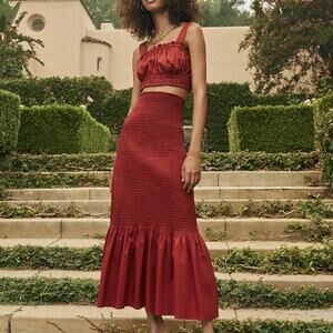 A.L.C. Women’s Lennyn Crop Top Lyra Smocked Poplin Midi Skirt Set Rust Red Sz 0